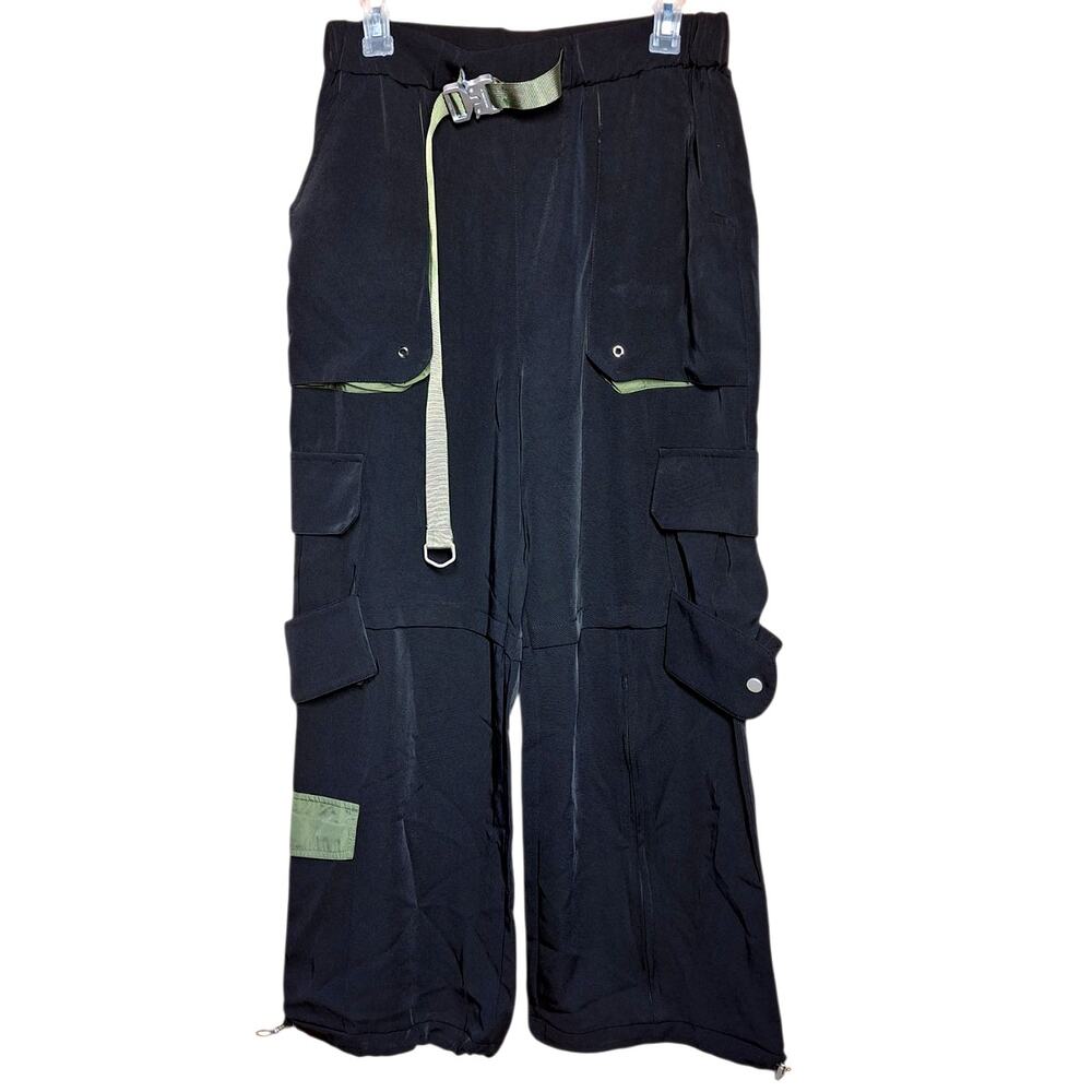 Freemeige cyber goth wide leg cargo pants Y2K belted big pockets baggy skater